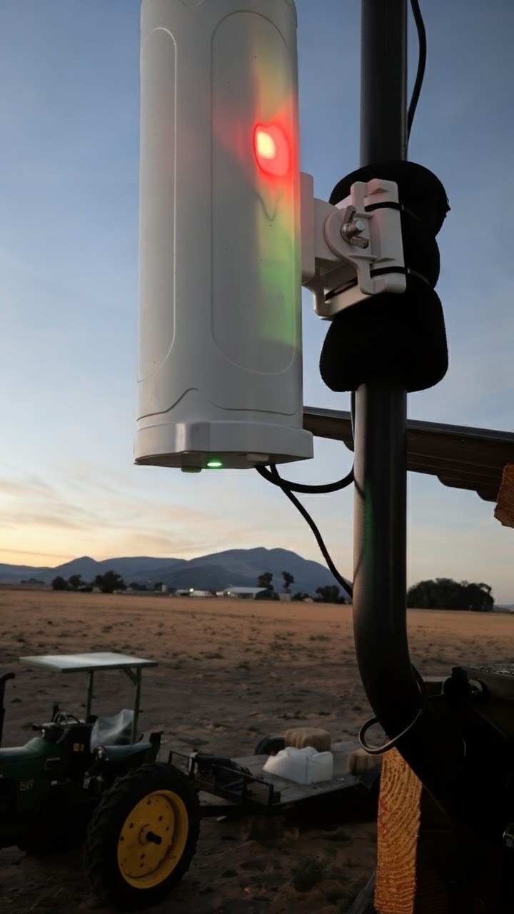 Basin Roots LoRaWAN gateway antenna glowing at dusk on its mounting pole, farm fields and mountains in the background