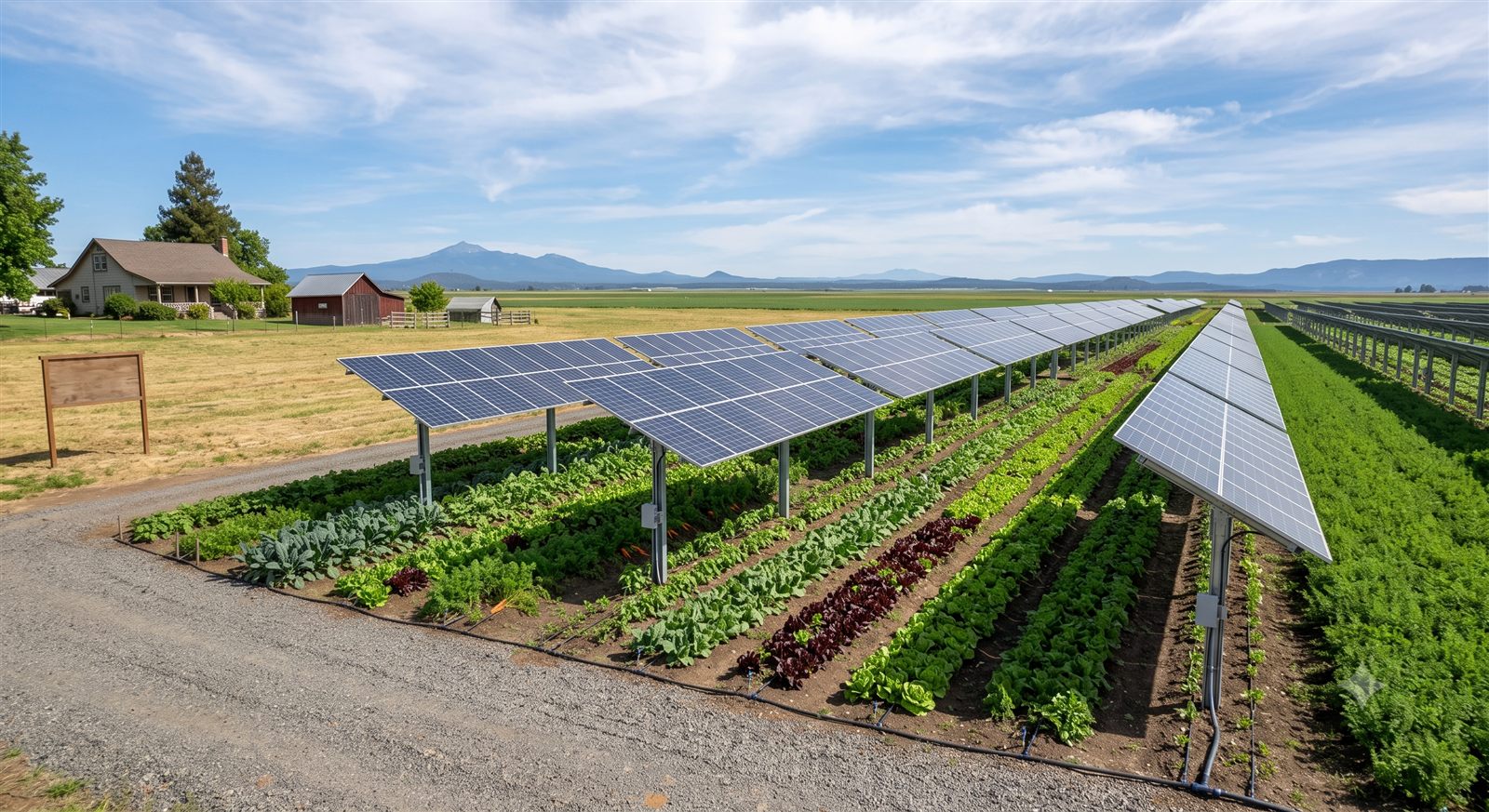 Representative illustration of crops growing beneath elevated solar panels in an agrivoltaic farm.